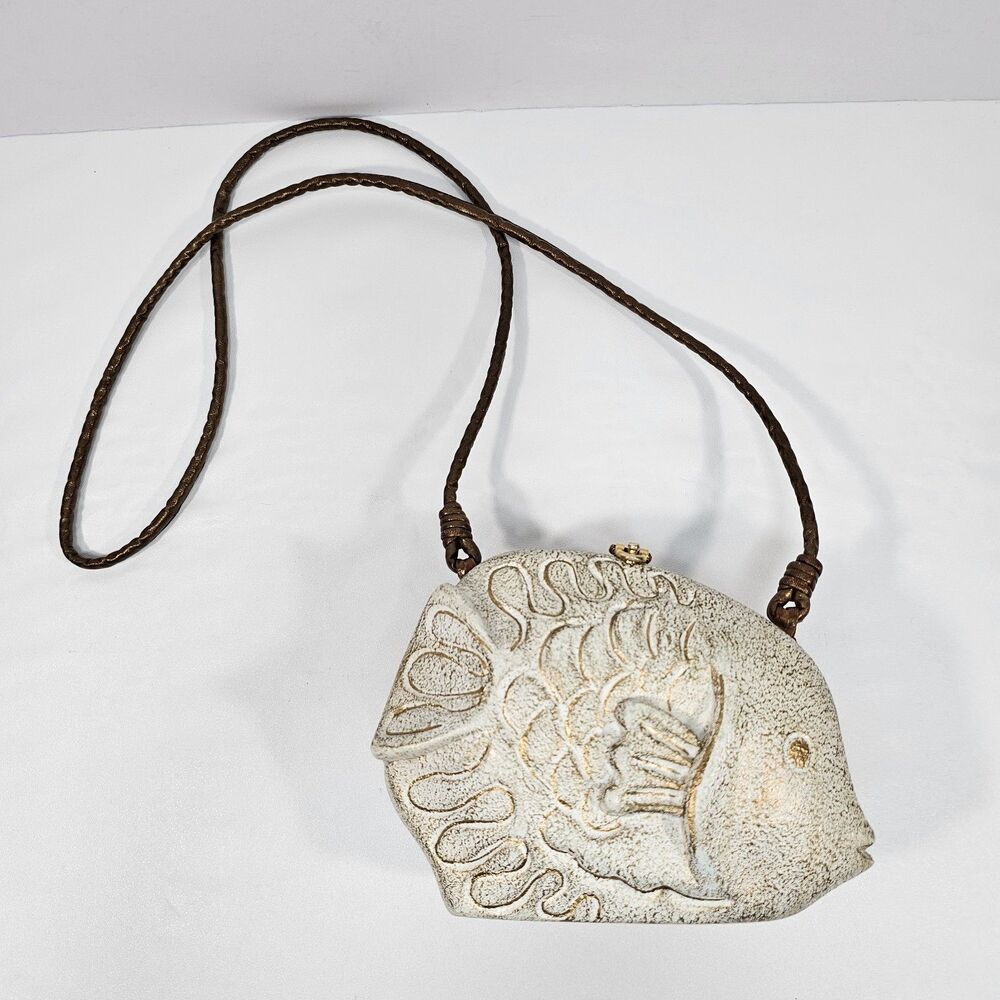 Timmy Woods Beverly Hills Vintage Carved Wood Fish Crossbody Bag Fisherman Rare